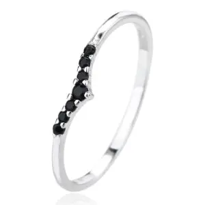 Silver ring with black cubic zirconia stones, V-shaped decoration