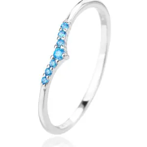 Silver ring with blue cubic zirconia stones, V-shaped decoration