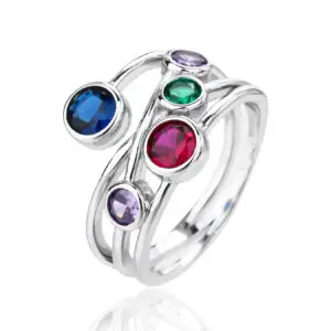 Silver design ring with coloured cubic zirconia stones