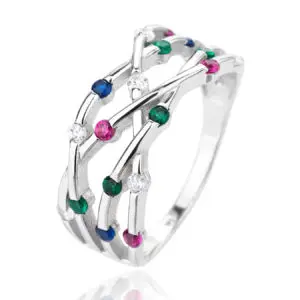 Silver ring with multicoloured cubic zirconia stones