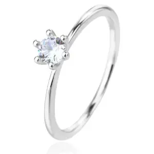 White cubic zirconia stoned silver ring with rhodium plating - clean solitaire style
