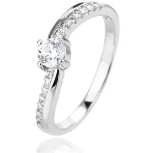 White cubic zirconia sterling silver ring with rhodium plating - classic solitaire engagement ring
